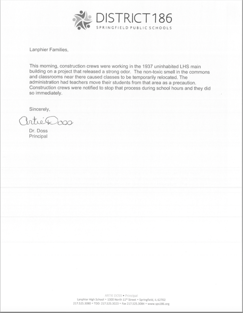 Letter from Dr. Doss regarding construction in our building. 