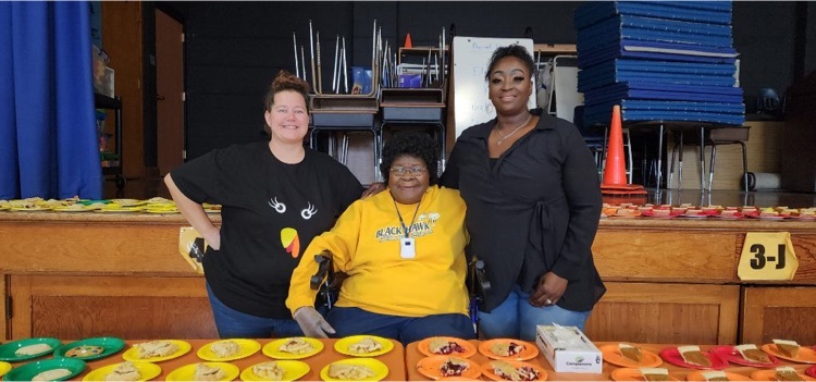 students and staff eating lunch together 